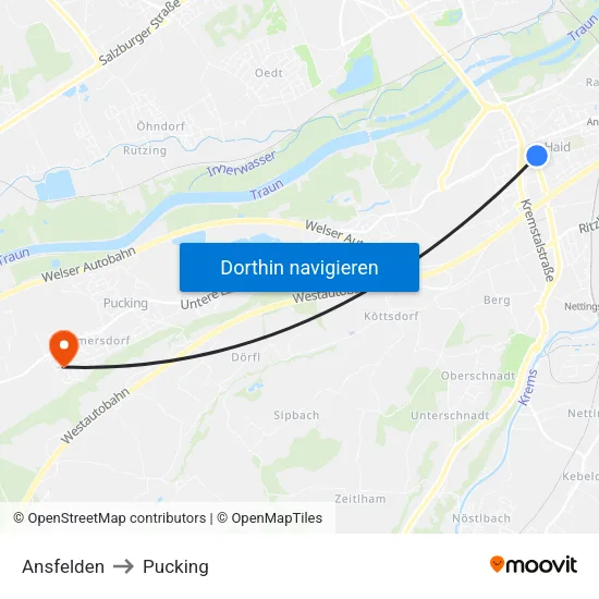 Ansfelden to Pucking map