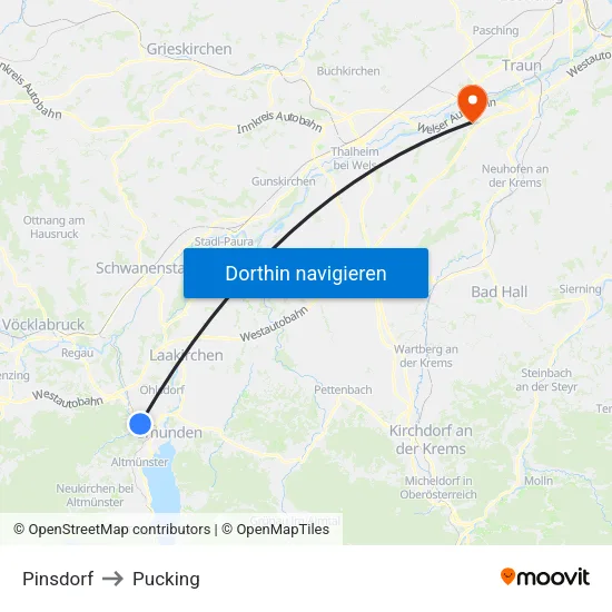 Pinsdorf to Pucking map