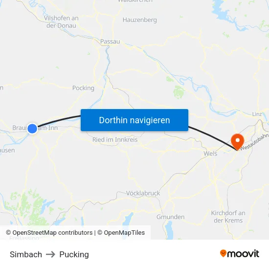 Simbach to Pucking map