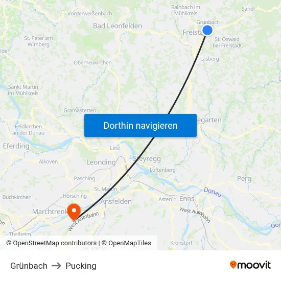 Grünbach to Pucking map