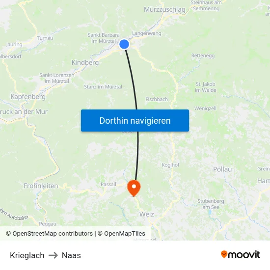 Krieglach to Naas map