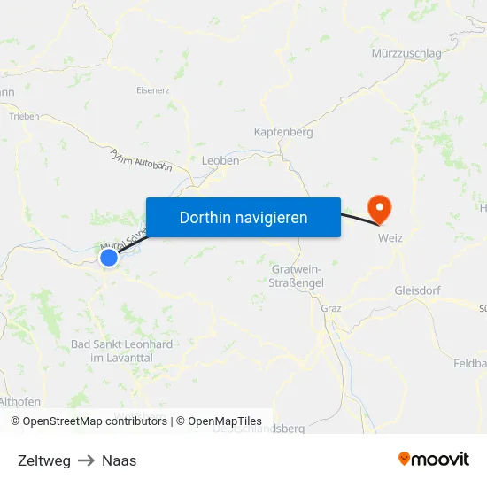 Zeltweg to Naas map