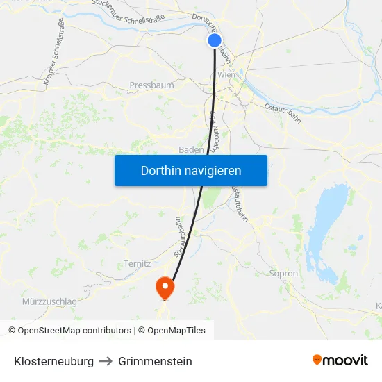 Klosterneuburg to Grimmenstein map