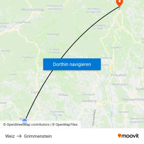Weiz to Grimmenstein map