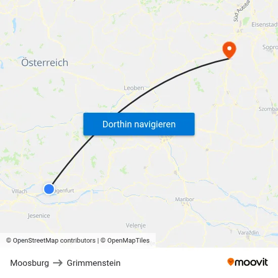 Moosburg to Grimmenstein map