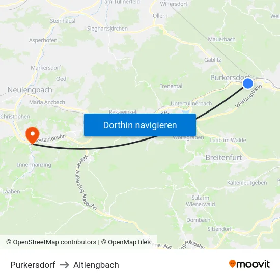 Purkersdorf to Altlengbach map
