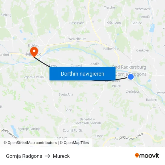 Gornja Radgona to Mureck map