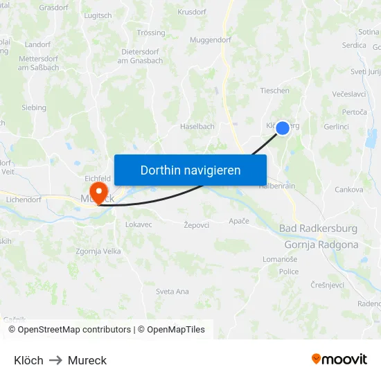 Klöch to Mureck map