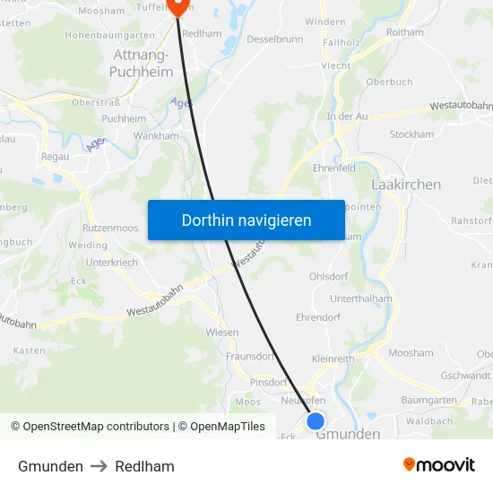 Gmunden to Redlham map