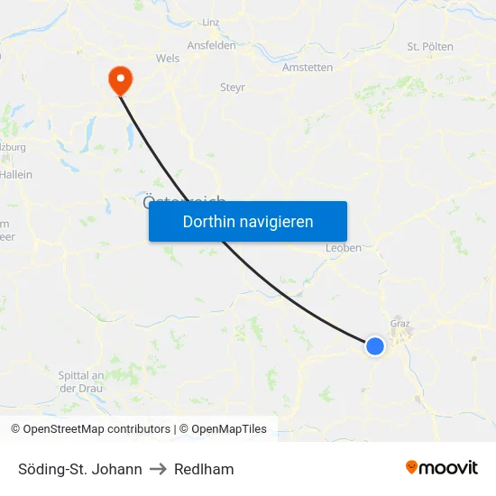Söding-St. Johann to Redlham map