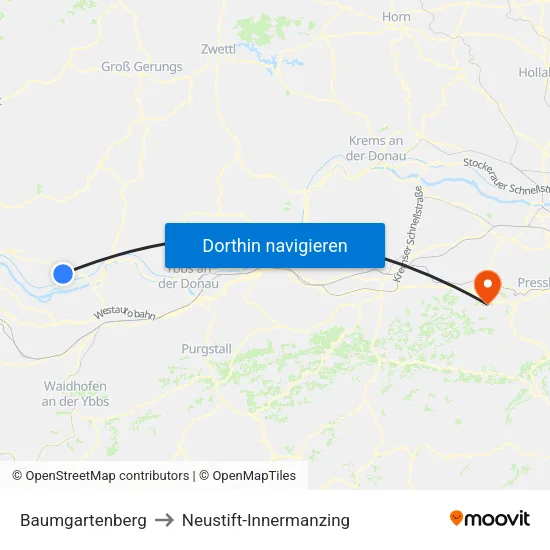 Baumgartenberg to Neustift-Innermanzing map