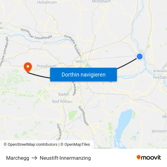 Marchegg to Neustift-Innermanzing map
