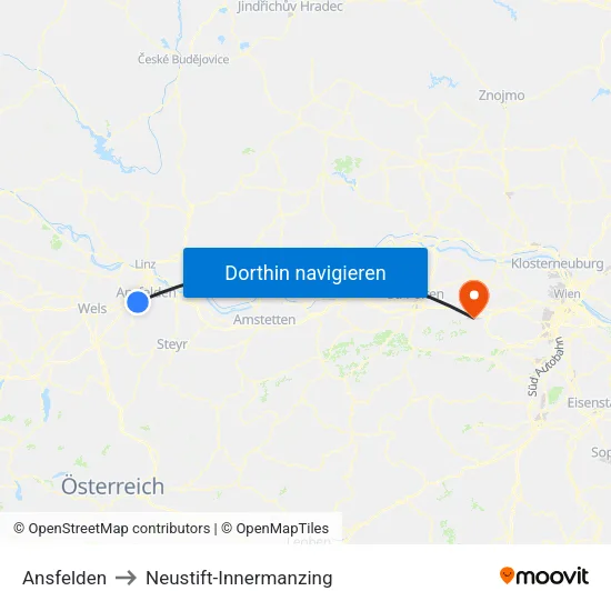 Ansfelden to Neustift-Innermanzing map