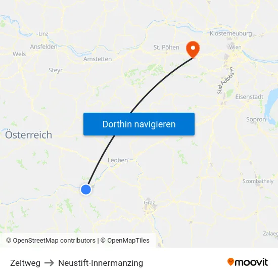 Zeltweg to Neustift-Innermanzing map