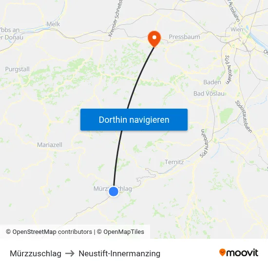 Mürzzuschlag to Neustift-Innermanzing map