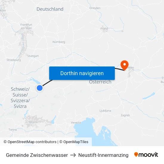 Gemeinde Zwischenwasser to Neustift-Innermanzing map