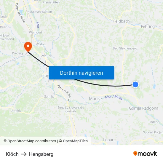 Klöch to Hengsberg map