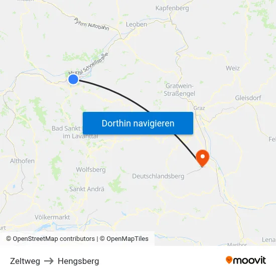 Zeltweg to Hengsberg map