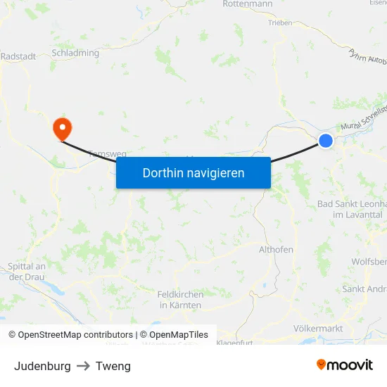 Judenburg to Tweng map