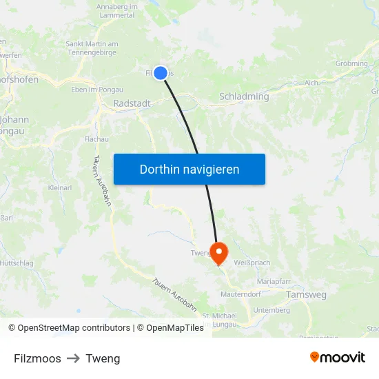 Filzmoos to Tweng map