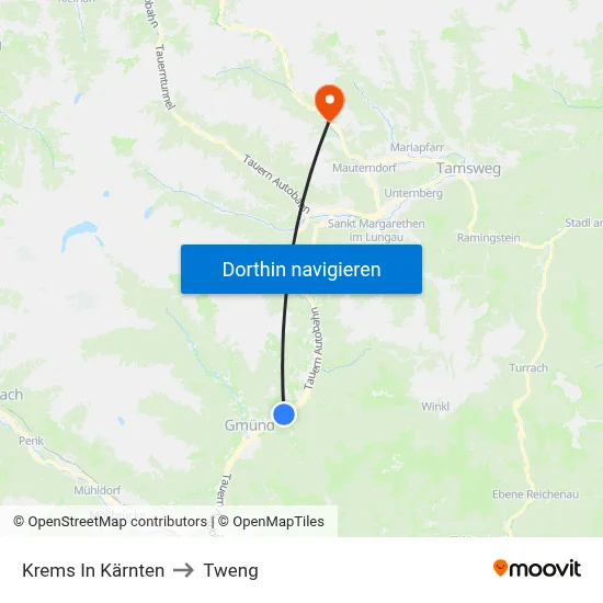 Krems In Kärnten to Tweng map