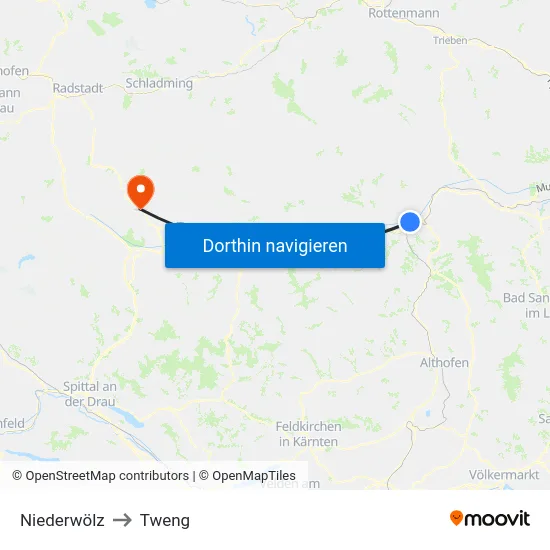 Niederwölz to Tweng map