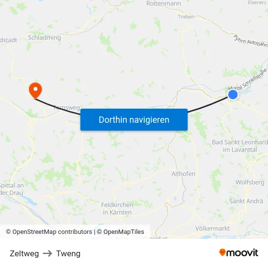 Zeltweg to Tweng map