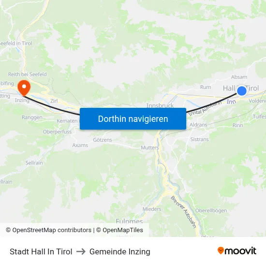 Stadt Hall In Tirol to Gemeinde Inzing map