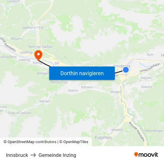 Innsbruck to Gemeinde Inzing map