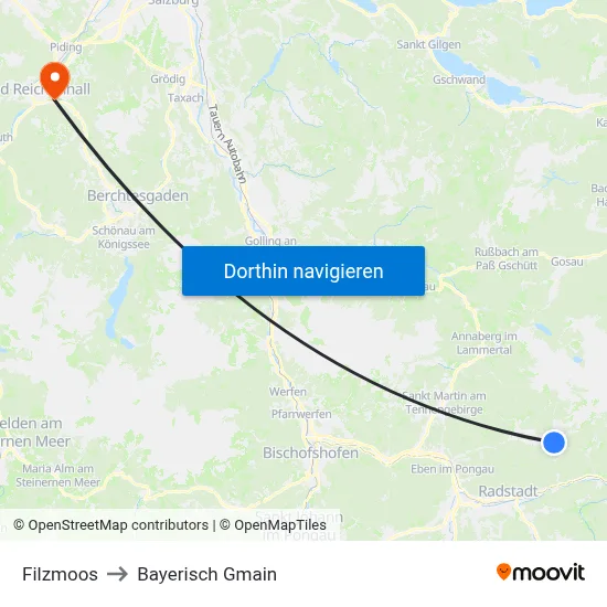 Filzmoos to Bayerisch Gmain map