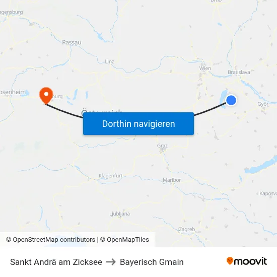 Sankt Andrä am Zicksee to Bayerisch Gmain map