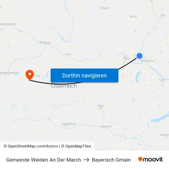 Gemeinde Weiden An Der March to Bayerisch Gmain map