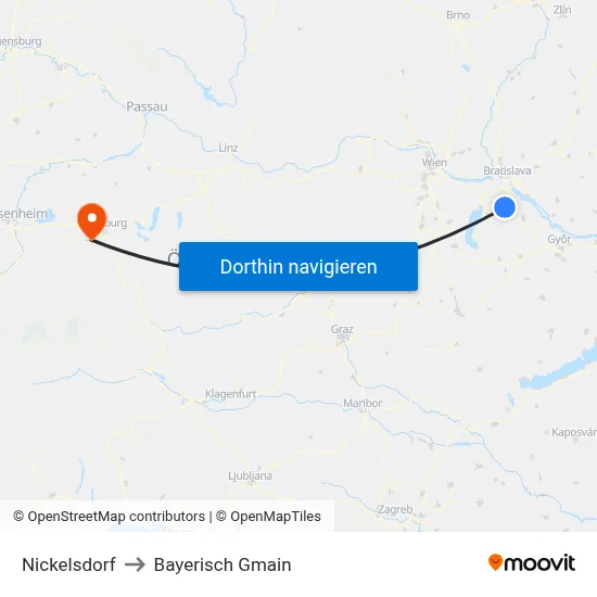 Nickelsdorf to Bayerisch Gmain map