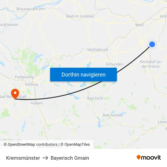 Kremsmünster to Bayerisch Gmain map