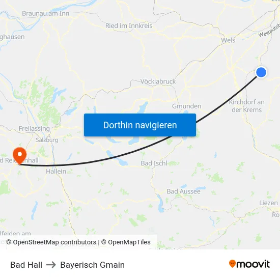 Bad Hall to Bayerisch Gmain map