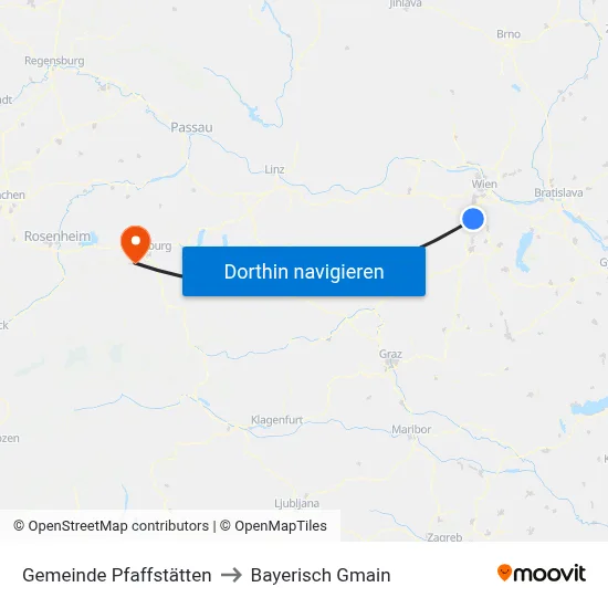 Gemeinde Pfaffstätten to Bayerisch Gmain map