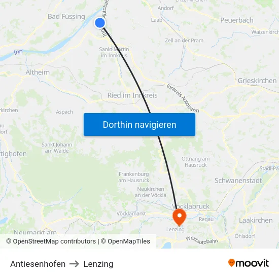 Antiesenhofen to Lenzing map