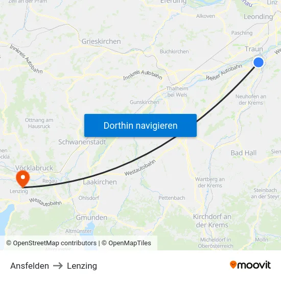 Ansfelden to Lenzing map