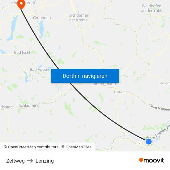 Zeltweg to Lenzing map