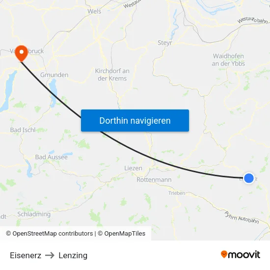 Eisenerz to Lenzing map