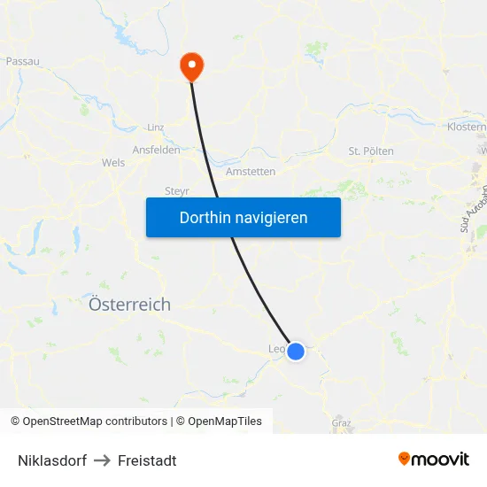 Niklasdorf to Freistadt map