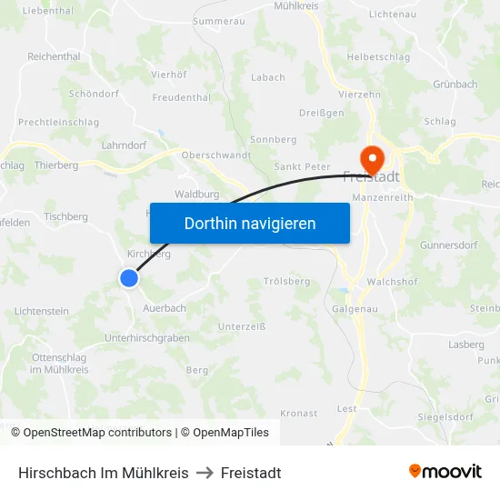 Hirschbach Im Mühlkreis to Freistadt map