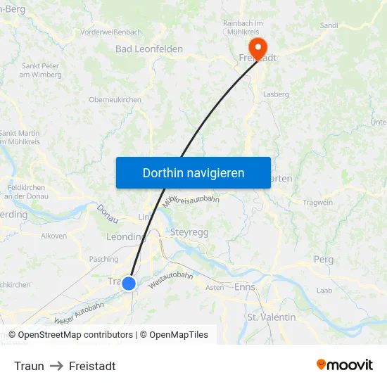 Traun to Freistadt map