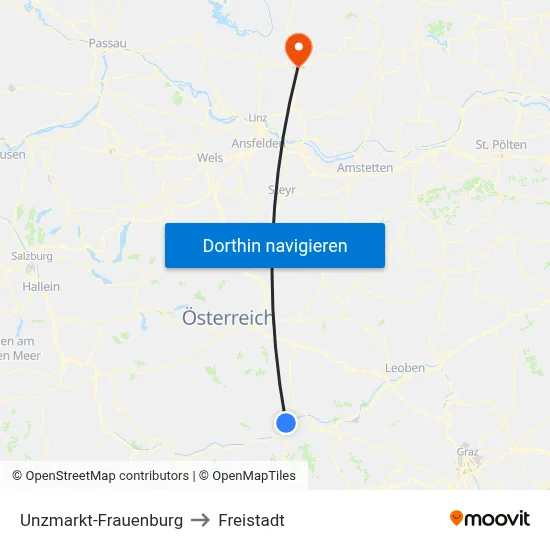 Unzmarkt-Frauenburg to Freistadt map