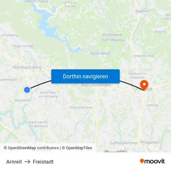 Arnreit to Freistadt map