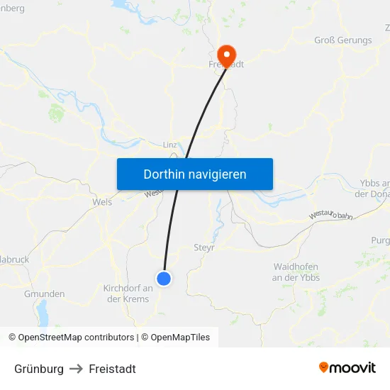 Grünburg to Freistadt map