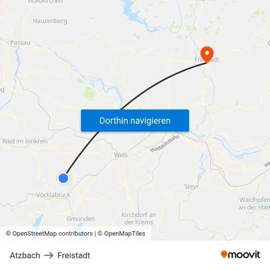 Atzbach to Freistadt map