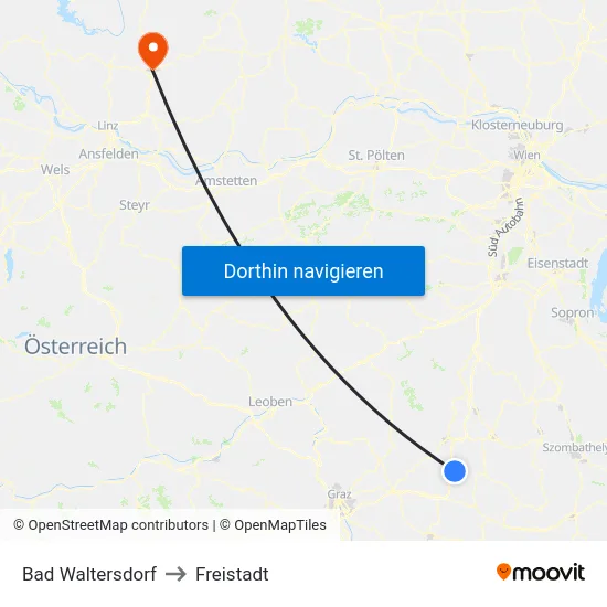 Bad Waltersdorf to Freistadt map