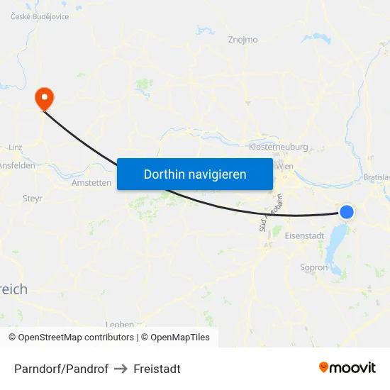 Parndorf/Pandrof to Freistadt map
