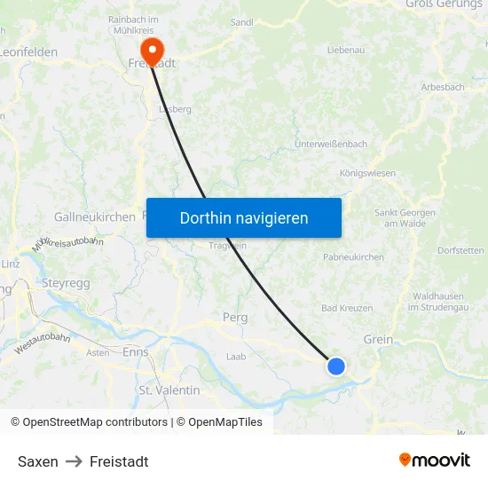 Saxen to Freistadt map